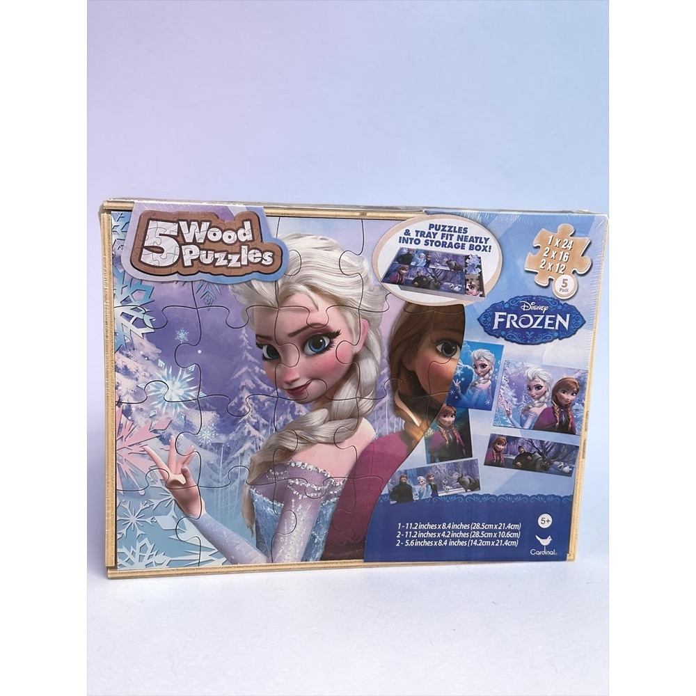 Brand New Disney Frozen: 5 Wood Puzzles In Wooden Storage Tray Box (New Sealed)